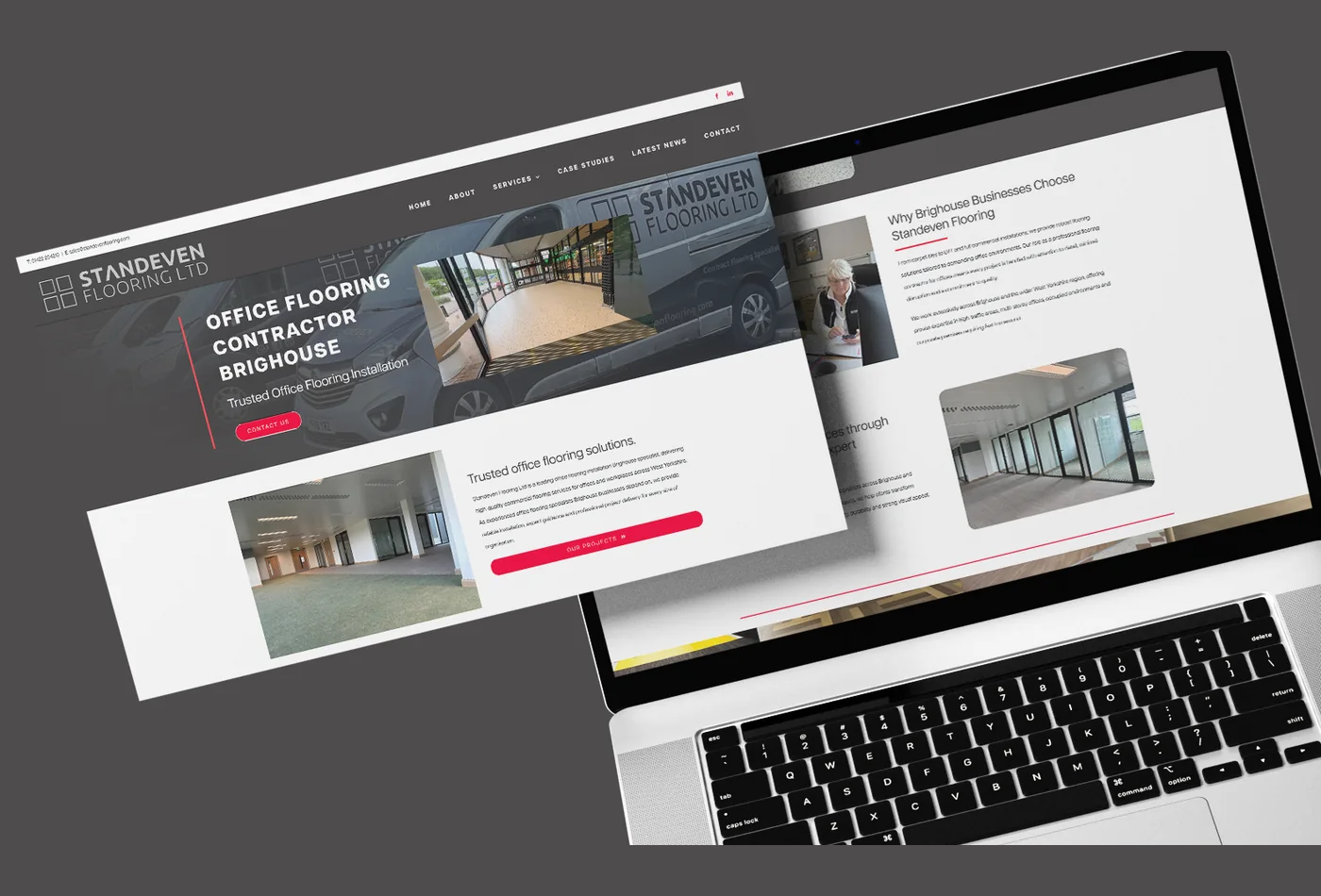 The Standeven Flooring website, designed and built by Halizona, on a laptop and as a full page